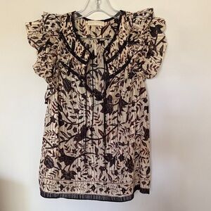 Ulla Johnson shirt sleeve Black and Cream Leaf Print Blouse